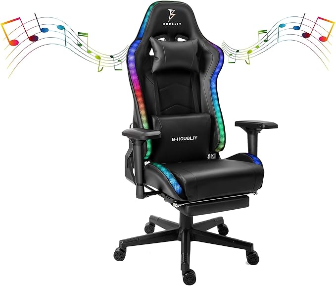TBQATNTS LED Gaming Chair with Massage High Back PU Video Game Chair with Speakers Adjustable Lumbar Support and Headrest Reclining Computer Gaming Chair for AdultsBlack