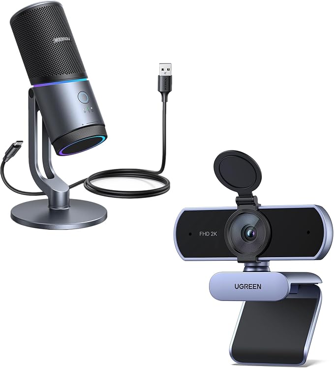 UGREEN 2K Webcam Full HD 1080P Webcam for PC Web Camera with Autofocus Privacy Cover Dual Noise Cancelling Mics Bundle with Microphone for PC USB Mic with RGB Lights Mute Button 24bit/96kHz