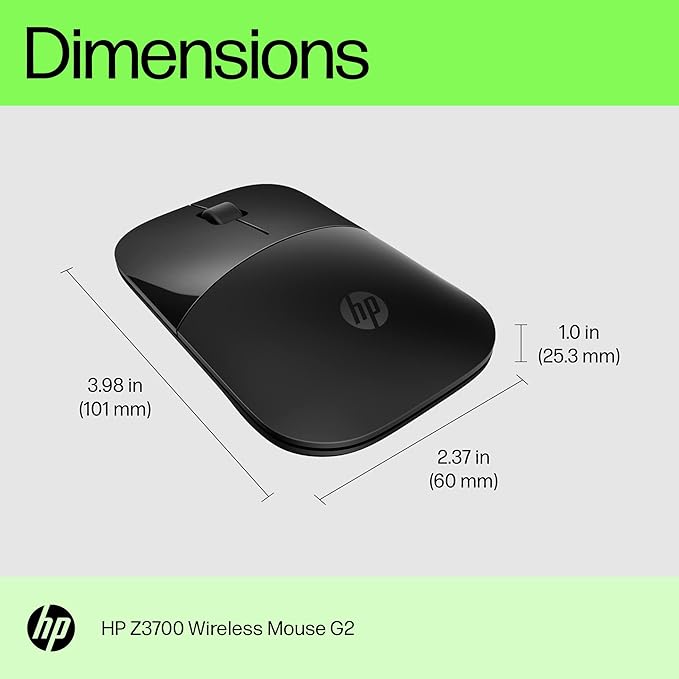 HP Z3700 G2 Wireless Mouse - Onyx Black Sleek Portable Design fits Comfortably Anywhere 2.4GHz Wireless Receiver Blue Optical for Wins PC Laptop Notebook Mac Chromebook (681R7AA#ABL)