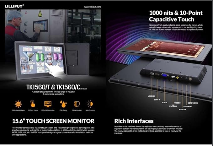 LILLIPUT 15.6 TK1560/C NO-Touch 1000 nits high Brightness IP65 Front Panel Design with HDMI VGA AV Monitor for Teleprompter