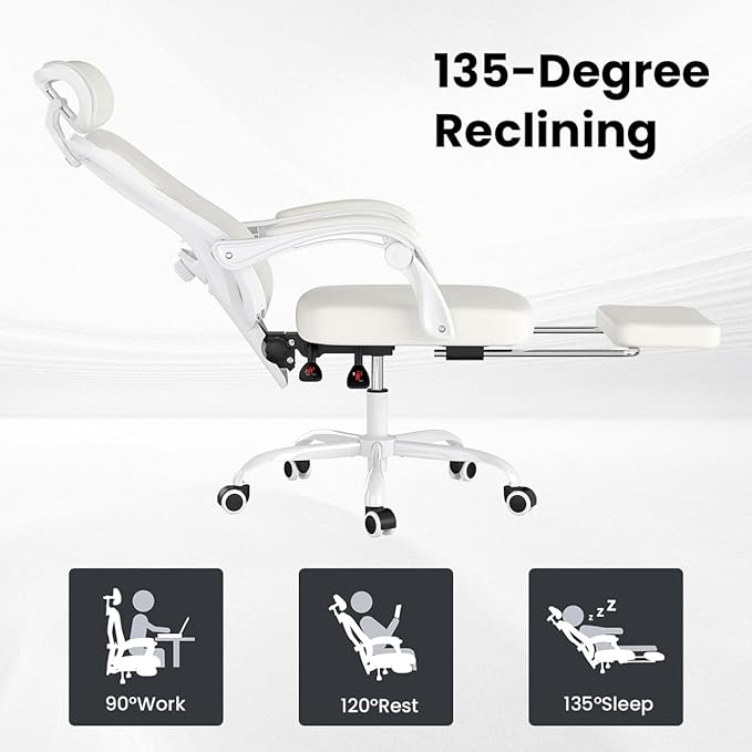 Ergonomic Office Chair with Footrest 135° Reclining High Back Mesh Desk Chair with Adjustable Lumbar Support &amp Headrest for Home Office Gaming and Nap 400 lbs Capacity (Beige Model D)