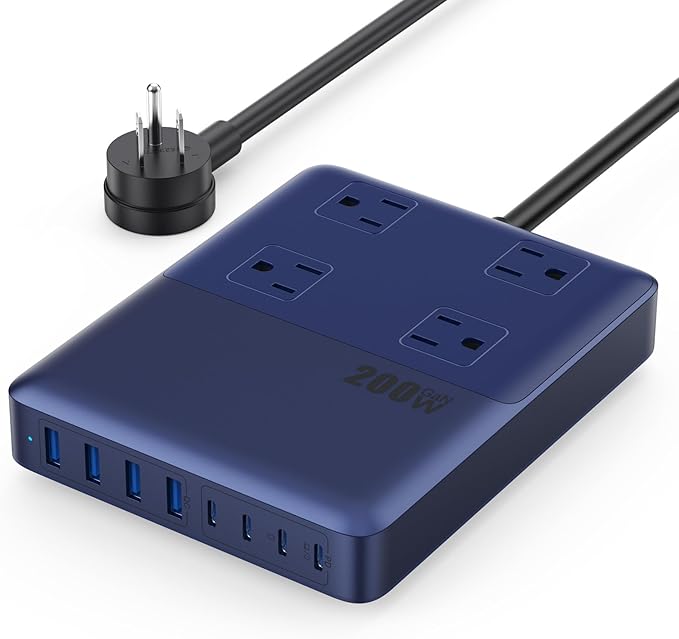12-in-1 Charging Station USB C Power Strip with 5ft Cord200W GaN IV USB C Charger Block4 AC Outlets8 USB for MacBookiPhone 16/15/14Fast Charging Desktop Charger for Office (A-Blue)
