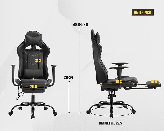 PU Leather Ergonomic Gaming Chair with Massage Lumbar Support Footrest and Armrest - Big and Tall Racing Style for Adults Gaming Work Study