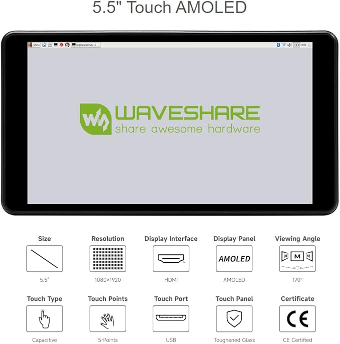 waveshare 5.5inch Capacitive Touch AMOLED Display Compatoble with Raspberry Pi 4B Comes with Protection Case 1080×1920 Resolution HDMI Toughened Glass Panel