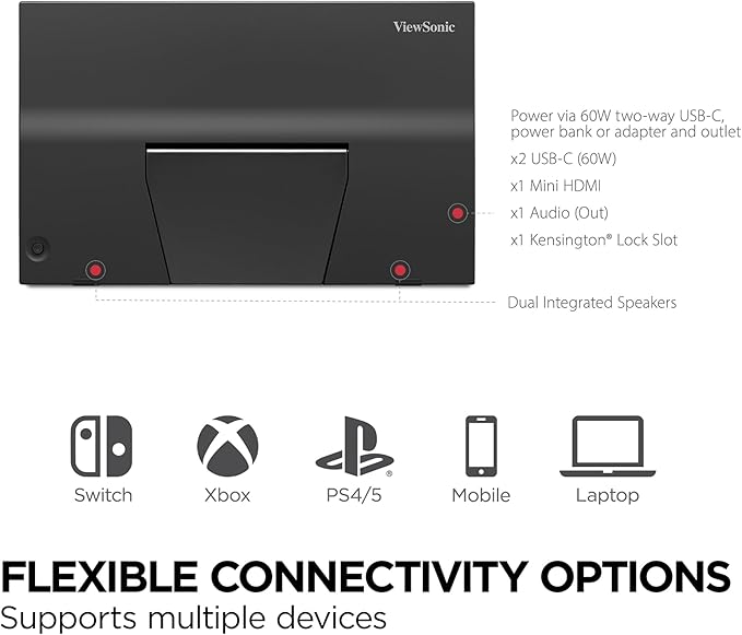 ViewSonic VX1754 17 Inch 1080p IPS Portable Gaming Monitor with 144Hz AMD FreeSync2 Way Powered 60W USB C Mini HDMI and Built-in Stand with Protective Cover (Renewed)