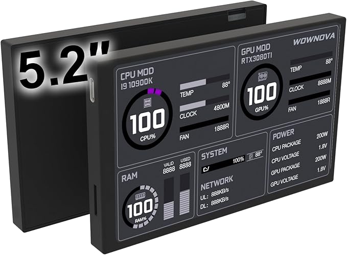 WOWNOVA 5.2 Customizabe LCD Screen Inside PC Case Screen for Computer Setup - Customizable PC Temperature Display Panel GPU CPU FPS RAM HDD Computer Temp Monitor (Black)