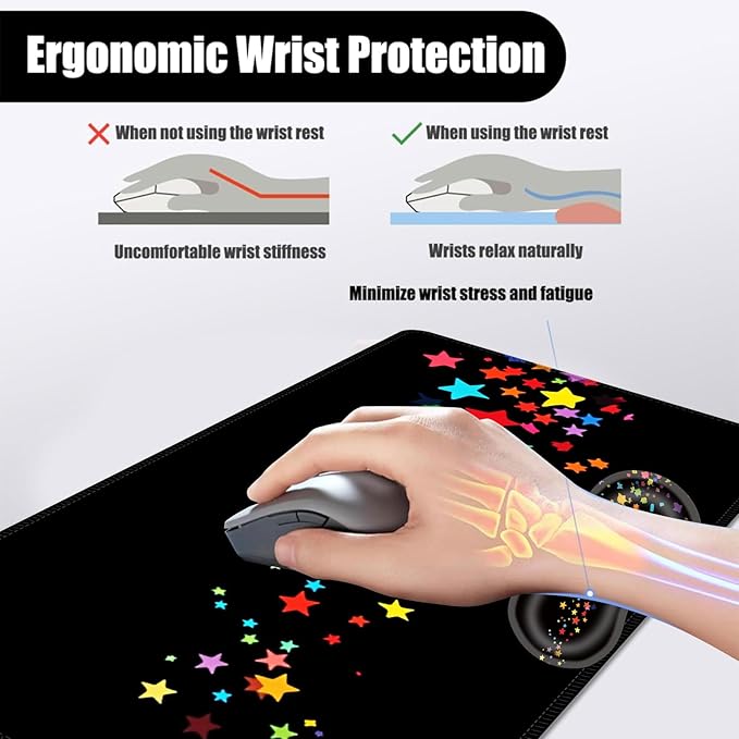 Mouse PadLarge Desk Mat Set 4in1 XL Mousepad + Keyboard Wrist Rest+Mouse Wrist Rest+Coaster with Ergonomic Desk Pad for Home Office Table Computer Cover -Rainbow Stars