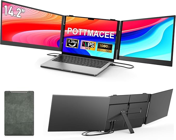 14.2’’ Triple Laptop Screen Extender 0.17 Ultra-Slim FHD 1080P Portable Monitor for Laptop Tri-Screen Travel Monitor Extender Plug-Play for Windows/Mac/Chrome Fit 13”-17.3” Laptops