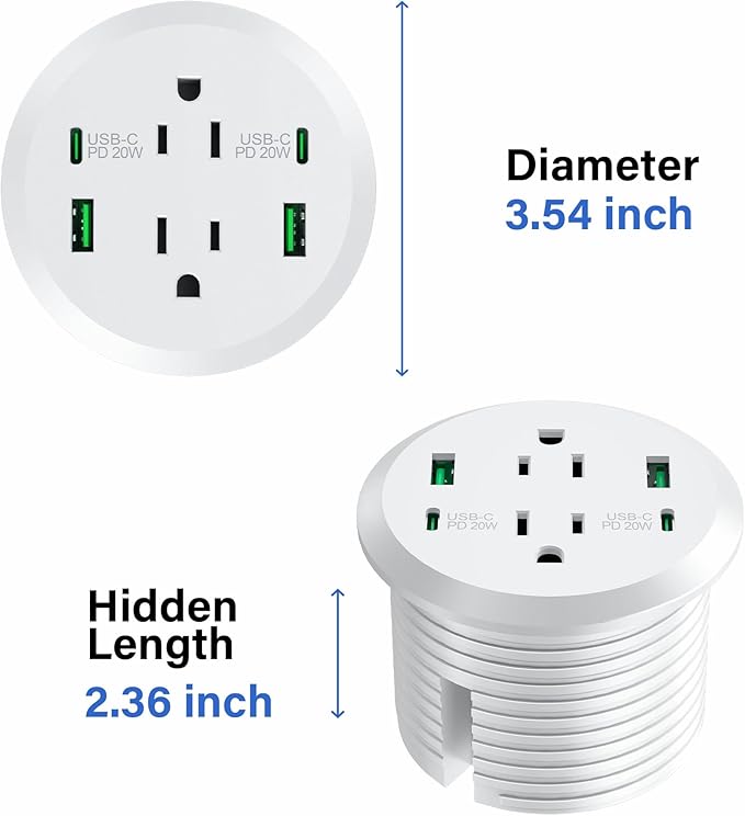 Desktop Power Grommet 3-inch Hole40W Total Fast Charging Station 2 PD 20W USB C PortFlush-Mount Recessed Power Strip 2 AC Outlets4 USB Portsin to The Top of Your Desk6ft Cord