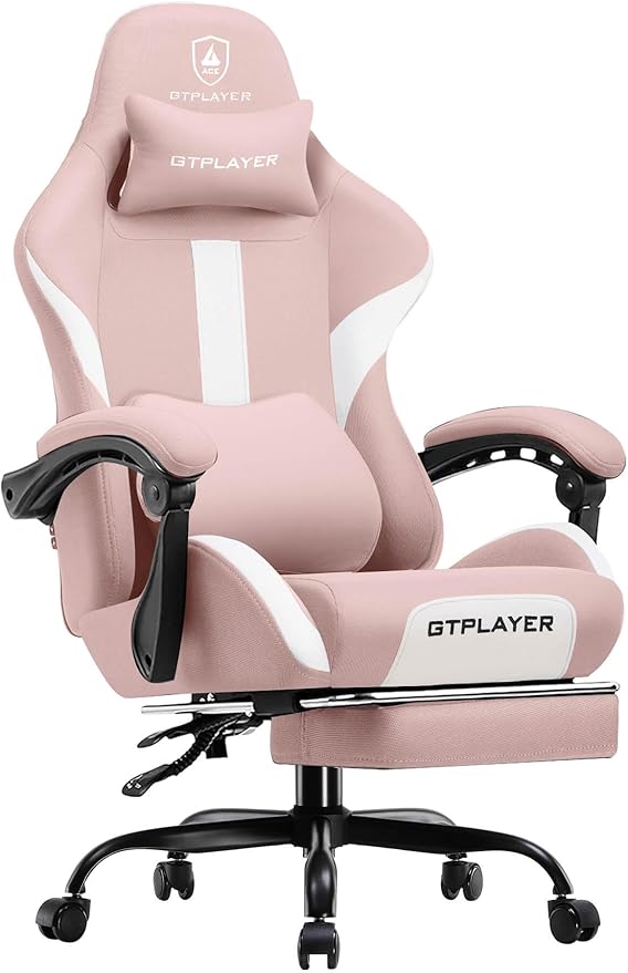 GTPLAYER Gaming Chair with Foot Rest &amp Pocket Spring Cushion Breathable Fabric for Home Office Desk Ergonomic High Back Computer Chair with Headrest &amp Lumbar Support Pink