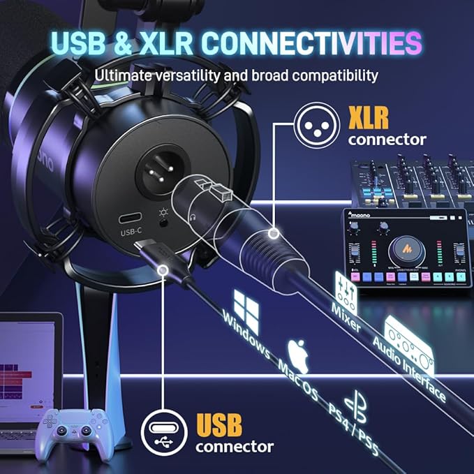 MAONO XLR/USB Dynamic Microphone RGB Gaming Mic with Software Mute Gain Knob Volume Control and Headphone Jack for Streaming Podcasting Recording-PD200X (Black)