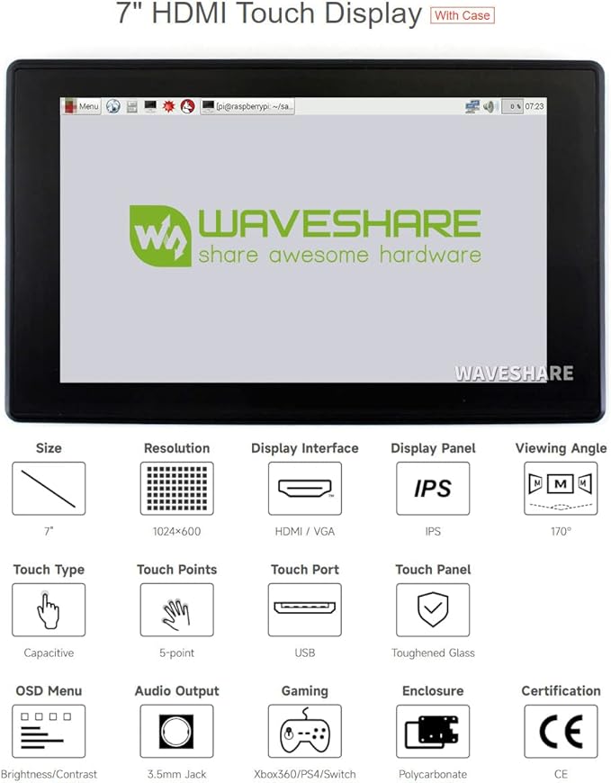 [Latest Version] Waveshare 7inch Capacitive Touch Screen LCD Monitor for Raspberry Pi 5 RPi 400 4 3 Model B Compatible with All Versions of Raspberry Pi Windows with HDMI/VGA Port with Case