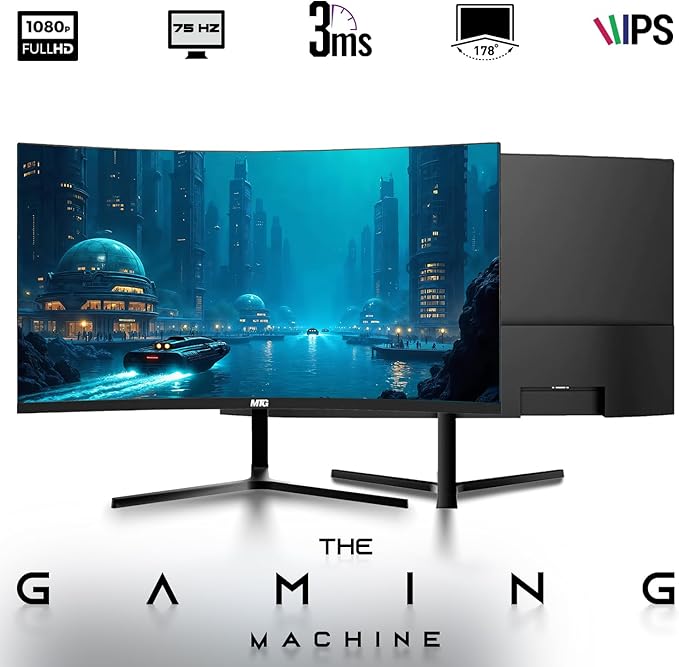 MTG 27 Curved Monitor Full HD 1080P Frameless Screen HDMI DP USB Audio Low Motion Blur VESA Mount Webcam with Wireless Keyboard Mouse &amp Soundbar Computer Monitor for Gaming Home and Office