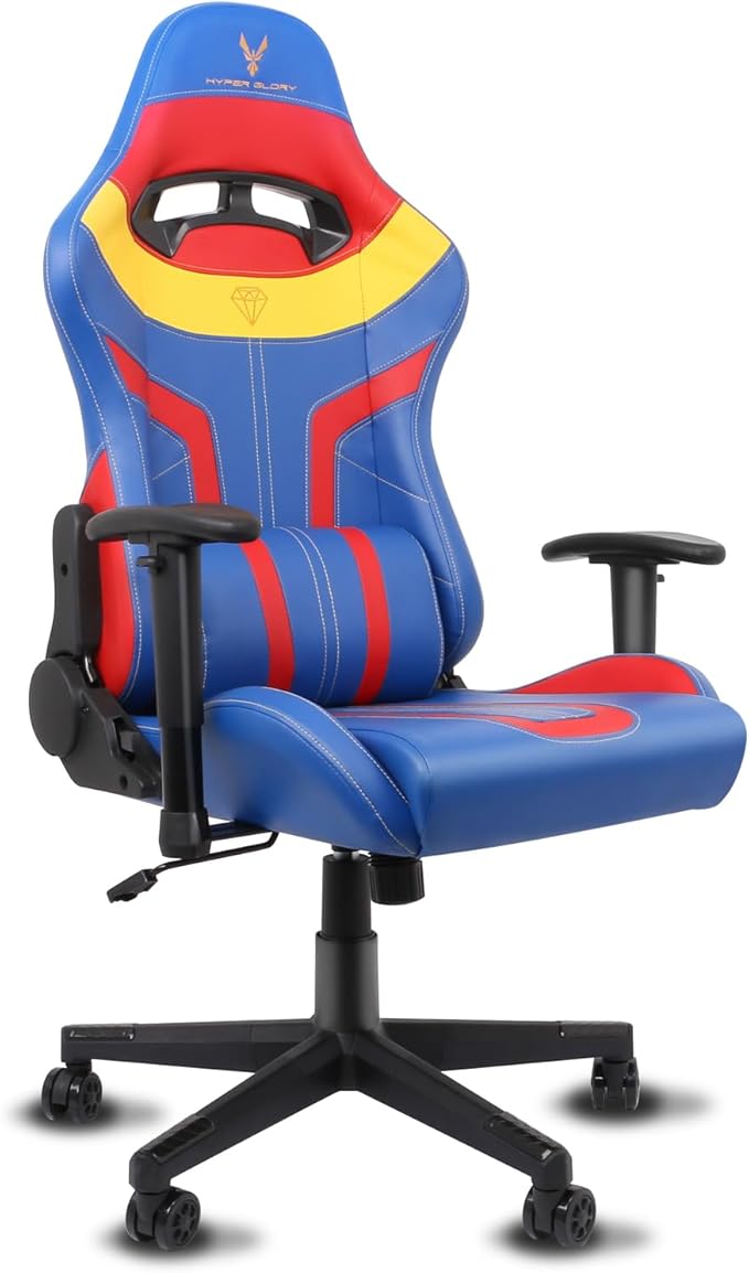 Modern-Depo Video Gaming Chair High Back Ergonomic Computer Chair with Lumbar Support Headrest Height Adjustable Swivel PVC Leather Recliner Blue Red