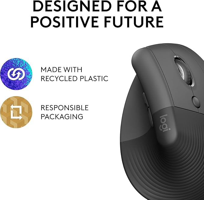 Logitech Lift Vertical Ergonomic Mouse Wireless Bluetooth or Logi Bolt USB Receiver Quiet clicks 4 Buttons Compatible with Windows/macOS/iPadOS Laptop PC - Graphite