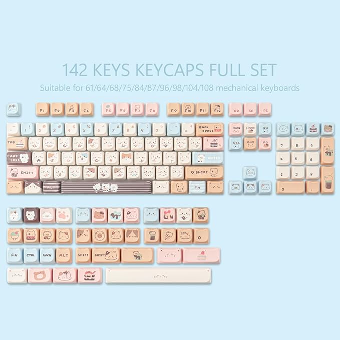 PBT Keycaps 142 Keys Cute Keycaps Dye-Sublimation Sea Salt Cat Keycap Mao Profile Custom Keycap for Cherry Gateron MX Swithes Mechanical Keyboards