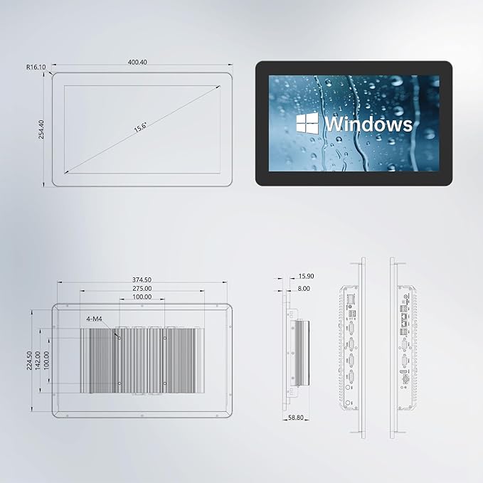 15.6 inch Indusrial Panel PCIndustrial Embedded Panel PCFanless Panel Computer All in One Windows 10 ProJ6412 16GB RAM 512GB ROM4xUSB3.02xUSB2.04xRS232+2xRS4858*GPIOHDMI2xLAN