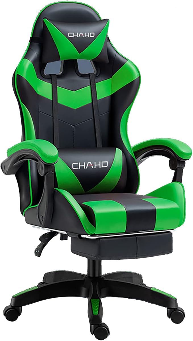 Gaming Chair Computer Chair with Footrest and Lumbar Support Height Adjustable Game Chair with 360°-Swivel Seat and Headrest and for Office or Gaming (GreenV-Style)