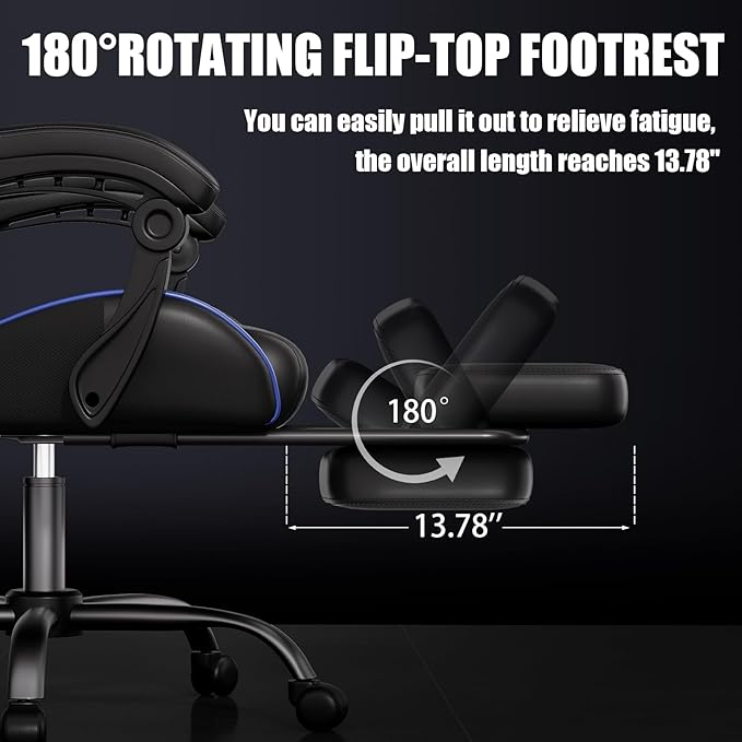 Gaming Chair Ergonomic Office Computer Chair with Footrest and Lumbar Support Massager Racing Style High Back Video Gamer Chair Wide＆Thick Cushion 90°-135° Recline Adjustable Height Blue