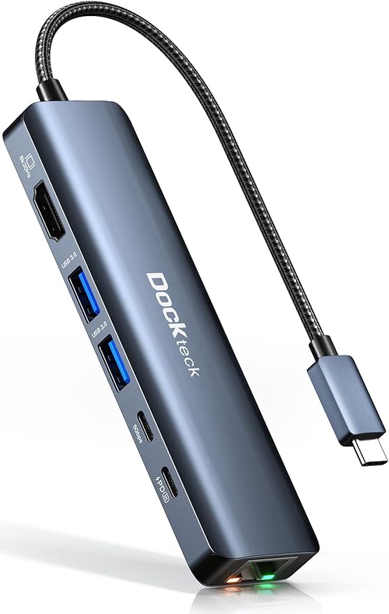 Dockteck USB-C 6 in 1 Multiport Adapter - 8K HDMI 2 USB-A 5 Gbps 100W PD 1Gbps Ethernet for MacBook Pro Air HP XPS and More