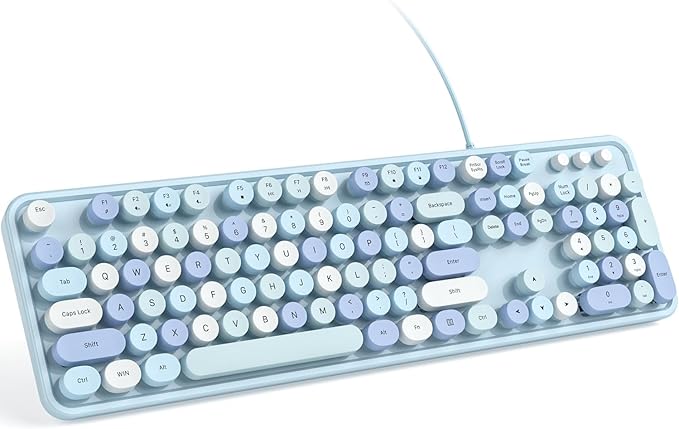 KNOWSQT Wired Computer Keyboard - Blue Colorful Retro Full Size Round Keycaps Plug and Play Typewriter Cute Keyboards for Windows Laptop PC Desktop Computer