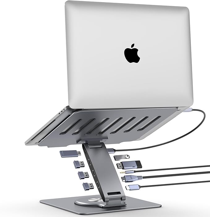 Adjustable Laptop Stand for Desk with Docking Station 9-in-1 Aluminum Laptop Riser with USB Hub 360° Swivel Dual Display 4K60Hz HDMI 3 USB3.0 100W PD Charging for MacBook Pro Air/Dell/HP 7-15.6