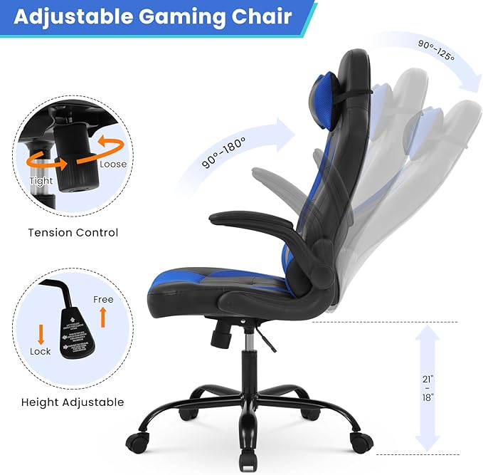 Gaming Chair PU Leather Computer Chair with Flip-up Armrest and Lumbar Support Ergonomic High Back Home Office Chair Comfy Video Game Chair for Home Bedroom Blue