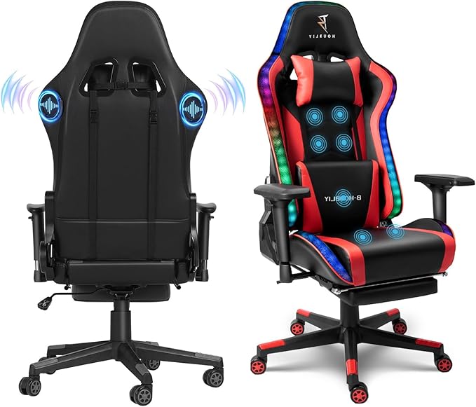 Gaming Chair with RGB LED Lights and Massage Ergonomic Video Game Chair with Footrest High Back Reclining Computer Chair with Headrest and Lumbar Support 4D HandrailSwivel Seat Gamer Ch