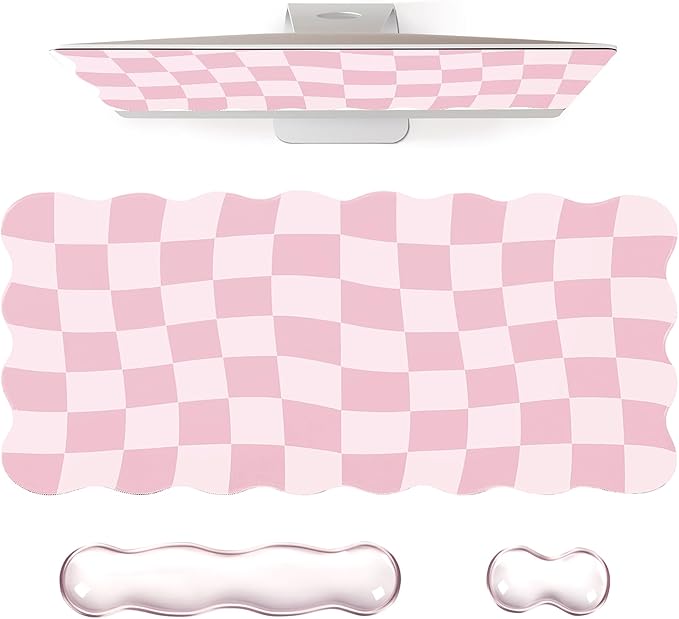 L-SPOUTTO Pink Checkered Mouse Pad SetScalloped XXL Desk Mat + Ergonomic Mouse Wrist Rest + Gel Keyboard Wrist Rest for Keyboard 65%/75%3in1 Large Desk Pad for Desktop Home Office Computer Game