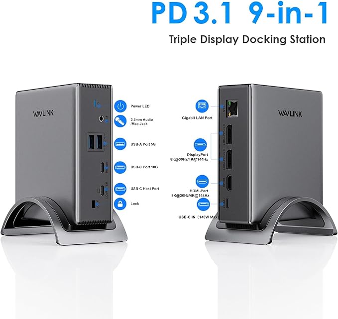USB C Docking Station PD3.1 Docking Station 3 Monitors with 2* DP + HDMISingle 4K@144Hz140W Charger USB-C 10Gbps 2* USB-A 5Gbps Gigabit Ethernet Audio/Mic for WindowsDellHPLenovo