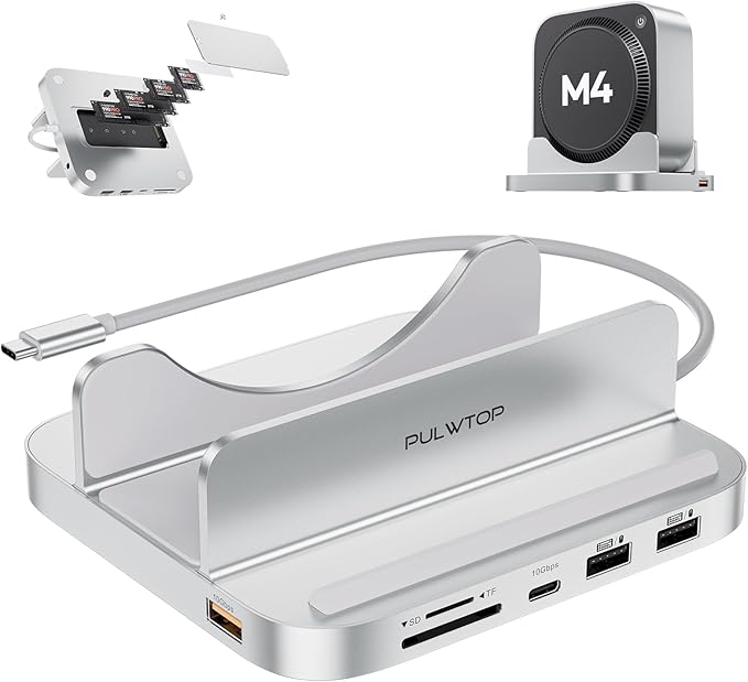 Mac mini M4 Dock with 4TB M.2 SSD Enclosure 8-in-1 Aluminum Vertical USB-C Hub for Mac mini M4 Pro Hub Stand with USB-A/C 3.2 10Gbps 2xUSB-A 2.0 3.5mm Audio SD/TF (SSD NOT Included)