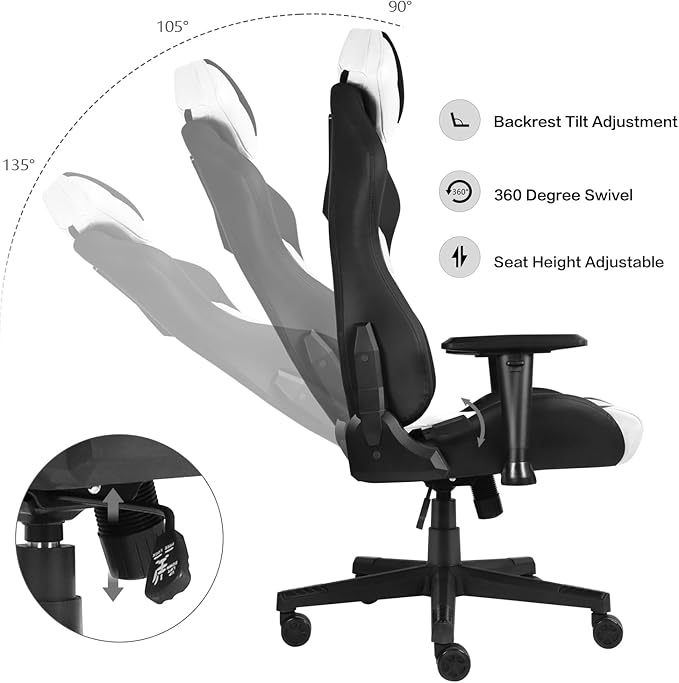 Modern-Depo Ergonomic Gaming Chairs for Adults with High-Density Memory Foam | Swivel Comfortable Office Chair Big and Tall Video Game Chair High Back Computer Chair for Home Office White Black