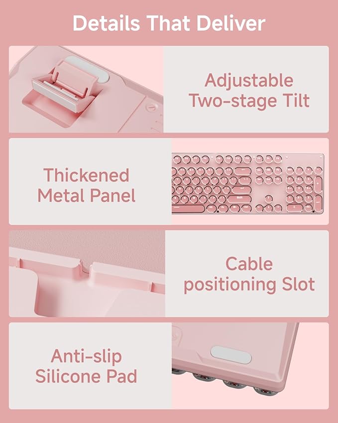 EWEADN TK950 Typewriter Keyboard Wireless Mechanical Keyboard 104 Keys Aesthetic Typewriter Keyboards with White Backlit Anti-Ghosting Blue Switch Bluetooth/2.4GHz/Wired Keyboards-Pink
