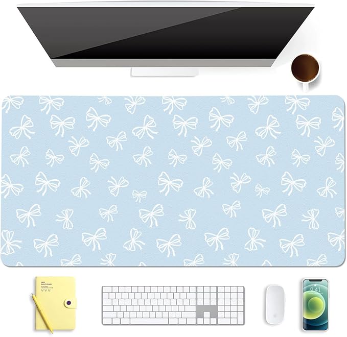 Cute White Bow Blue Extended Gaming Keyboard Mouse Pad Non-Slip Leather Home Office Desk Mat Protector Laptop Desk Pad Writing Pad