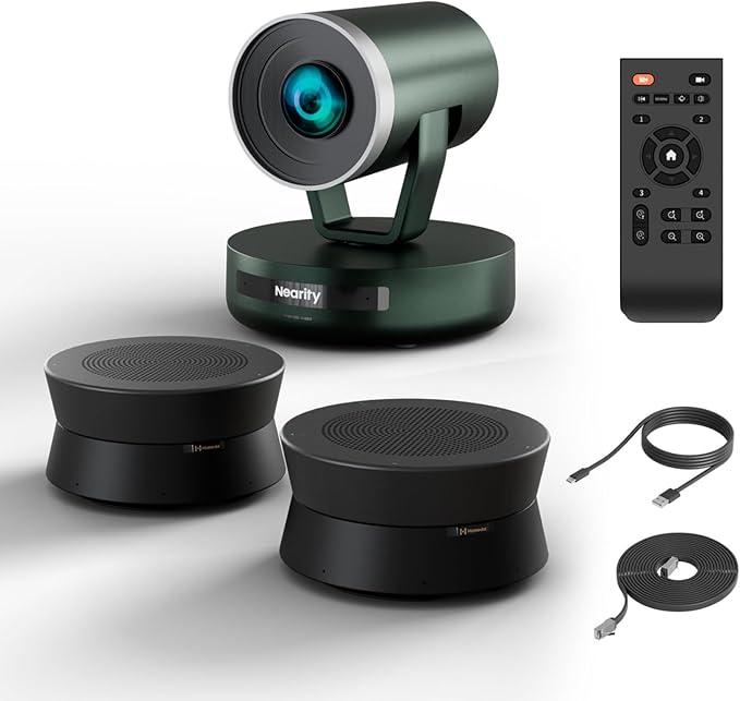 NEARITY 2K Conference Room Camera System 2X Scalable Conference Speakerphones POE Daisy Chain Noise Suppression PTZ Webcam w/Optical Zoom for Video Conferencing/Streaming in Small to Medium Rooms