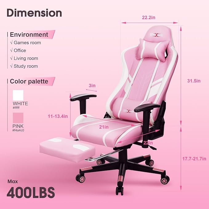 Douxlife 7-Point Massage Gaming Chair with Footrest 400lbs Heavy Duty Ergonomic Computer Chair 175° Reclining High Back Racing Seat for Adults with Adjustable Armrests &amp Lumbar Support Pink