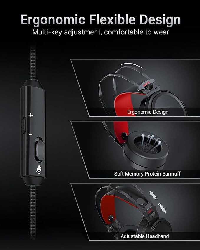 NUBWO Gaming headsets PS4 N7 Stereo Xbox Headset Wired PC Gaming Headphones with Noise Canceling Mic Over Ear Gaming Headphones for PC/MAC/PS4/PS5/NS/Xbox 1 (Adapter Not Included) -Red