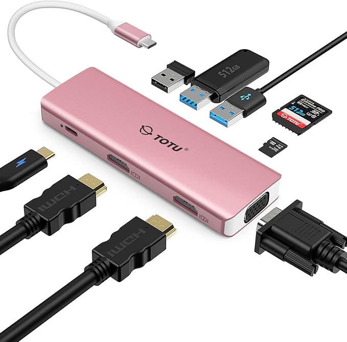TOTU Docking Station USB C Hub 9 in 1 Triple Display Docking Station with Collage Display Mode Dual 4K HDMI VGA 100W PD 3 USB 3.0 and TF/SD Card Reader for MacBook Pro Air and Type-C Laptops