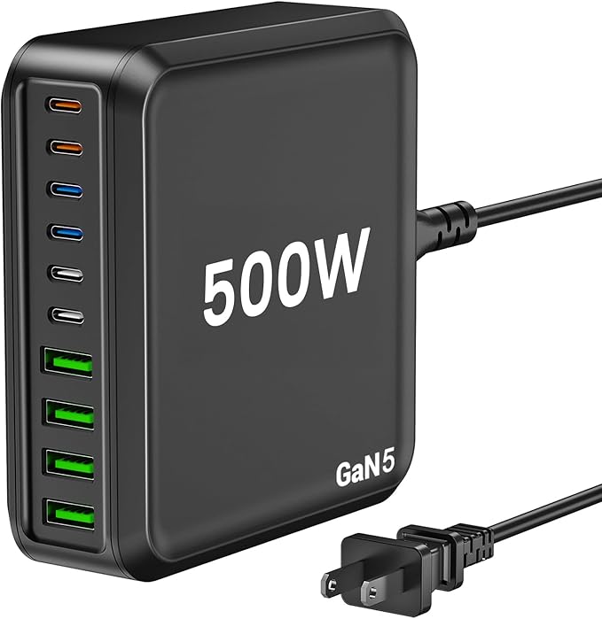 USB C Charging Station 500W USB C Charger Block 10 Port Fast Charger 100W PD USB-C Charging Station Hub for MacBook Pro/Air/iPad Pro/iPhone 17e/17/16/15/14/13/Pro Max/Samsung Galaxy Note (Black)