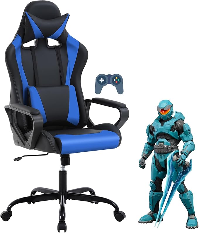 Ergonomic Gaming Chair High Back PU Leather Office Chair with Adjustable Lumbar Support &amp Headrest – Swivel Computer Desk Chair for Adults Teens Kids – Heavy Duty Executive Red Game Chair - Blu