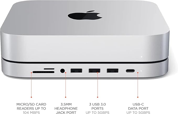 Satechi USB C Hub Type-C Aluminum Stand &amp Hub USB-C Data Port Micro/SD Card Readers USB 3.0 &amp Headphone Jack Port for Mac mini M2/M1 (Not Compatible with M4) - Silver