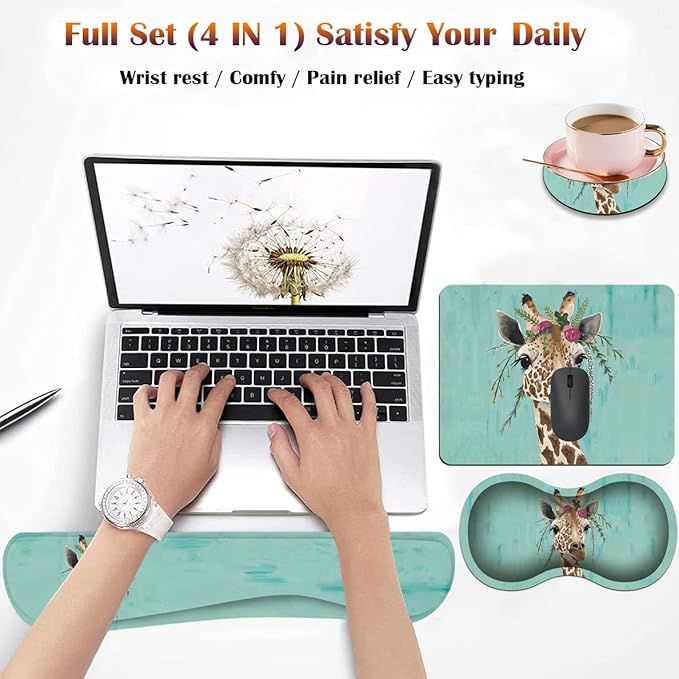 Keyboard Wrist Rest Pad + Square Mouse Pad + Wrist Rest Support Pad + Coaster Ergonomic Memory Wrist Rest Support 4-Piece Combo Set for Gaming and Office Green Rustic Wood and Giraffe