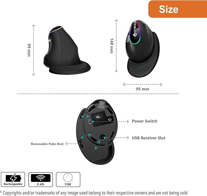 J-Tech Digital Ergonomic Mouse with Wireless Connection Removable Palm Rest Thumb Buttons Rechargeable Battery 800 DPI Compatible with Windows and MAC OS