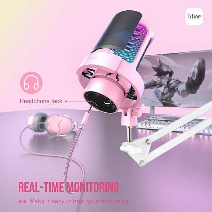 FIFINE USB Streaming Microphone with Boom Arm Gaming Mic Kit for PC PS4/PS5 Podcast Microphone for Podcast with RGB Control Mute Button Gain Knob Headphones Jack Pop Filter-A8T Pink