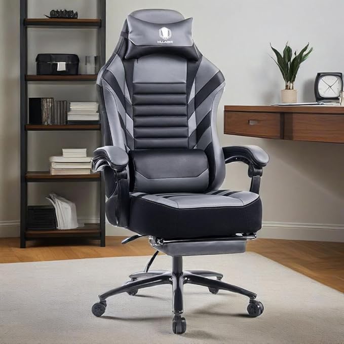 Swivel Gaming Chair Computer Chair with Footrest and Lumbar Support Ergonomic Comfortable Office Chair for Adults Height Adjustable Reclining Chairs for Office Gaming Lounge (Grey)