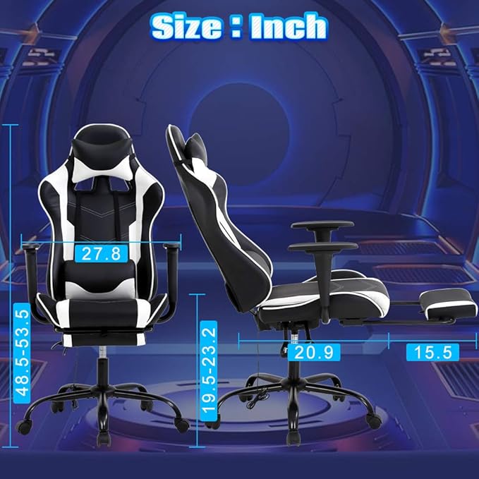 PC Gaming Chair High Back Executive Office Chair Pu Leather Computer Chair Racing Lumbar Support Slide-Out Footrest Adjustable Swivel Video Game ChairWhite…