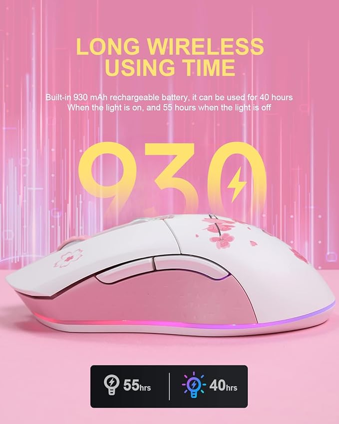 DAREU Sakura Pink Wireless Wired Gaming Mouse Dual-Mode Rechargeable 6 Programmable Buttons10K DPIRGB and 7 Adjustable DPI Levels up to [150IPS] [1000Hz Polling Rate] for PC Notebook Mac