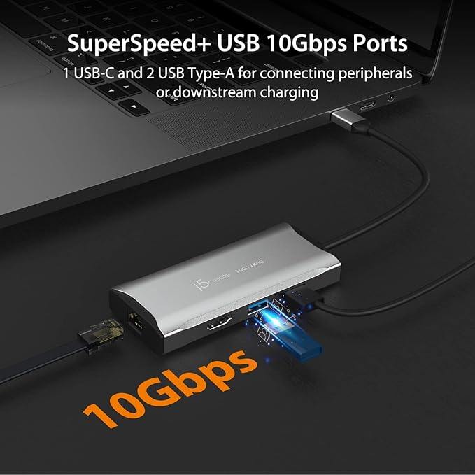 j5create USB C Hub - 4K 60Hz HDMI 2 USB-A 10Gbps USB-C 10Gbps with PD 100W Ethernet | Multiport Adapter for MacBook ChromeBook XPS Surface Pro (JCD392)