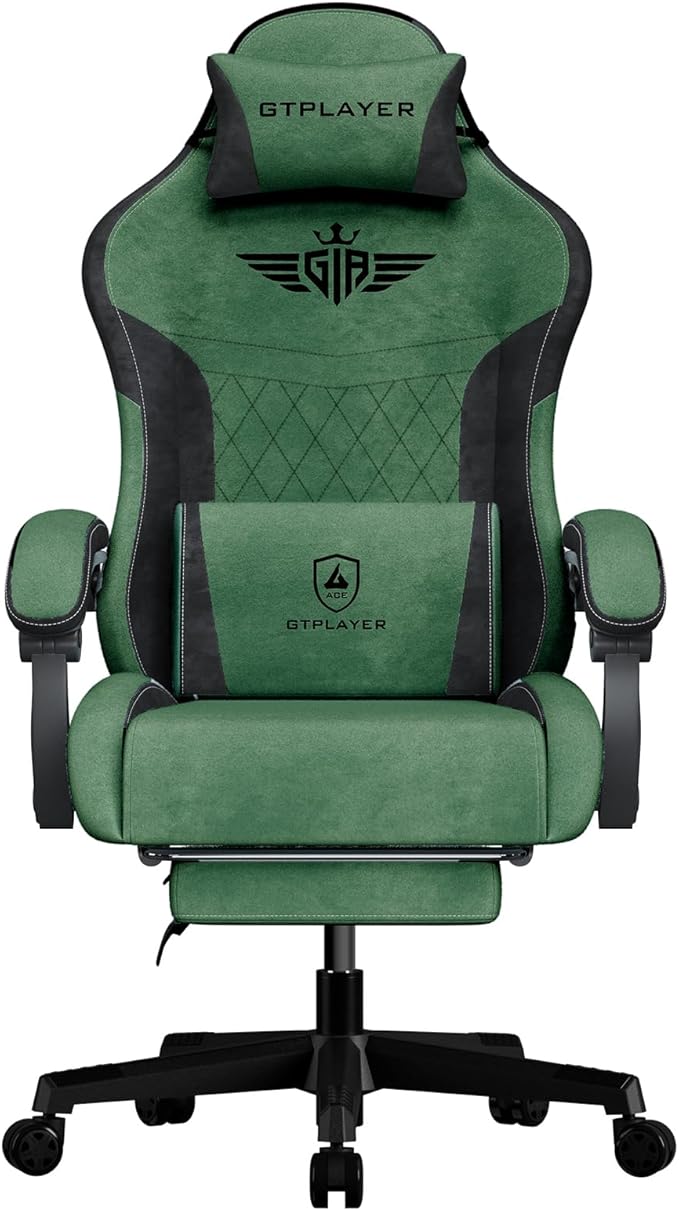 GTPLAYER Gaming Chair Video Game Chairs with Footrest and Lumbar Support Computer Chair for Adults with Extended Backrest Ergonomic Reclining Silla Gamer Fabric Green
