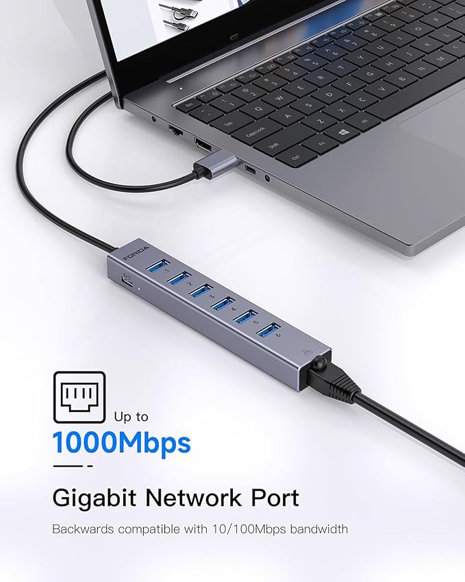 FORIDA Aluminum USB to Ethernet Adapter with 7-Port USB Hub – 3.9ft Long Cable Gigabit Ethernet Port 5V/3A Power Port | USB Extender Compatible with Windows macOS Linux &amp More